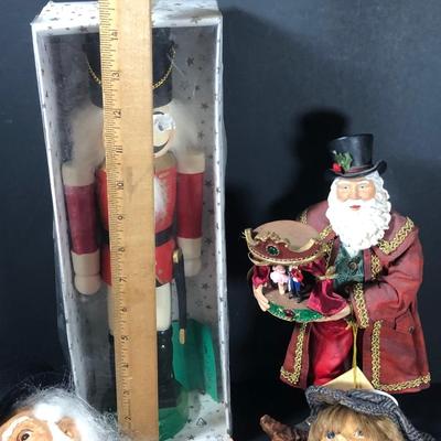 LOT 22D: Vintage Strawbridge & Clothier A Christmas Carol Scrooge & Tiny Tim Puppets, Kurt S Adler Santa Figure & Nutcracker in Box