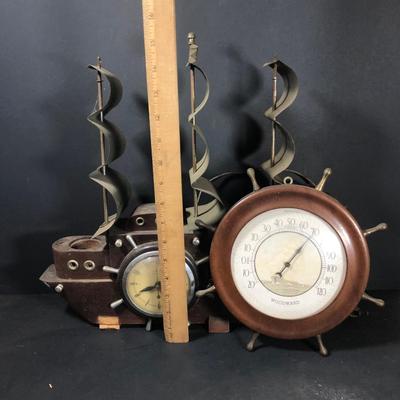 LOT 32D: Vintage United Self Starting Ship Clock & Vintage Ship's Wheel Woodward Fahrenheit Thermometer