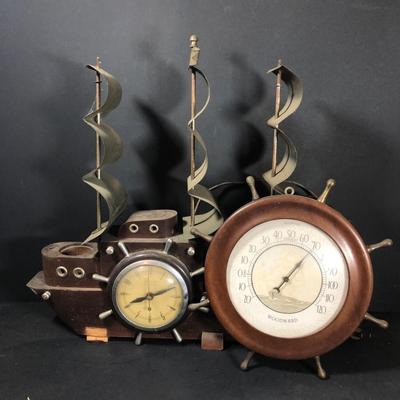 LOT 32D: Vintage United Self Starting Ship Clock & Vintage Ship's Wheel Woodward Fahrenheit Thermometer
