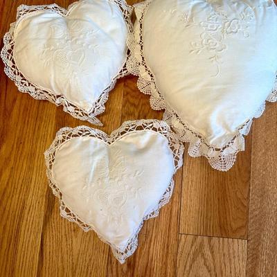 Vintage Needlepoint Heart Pillows with Lace Borders