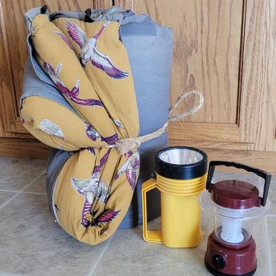Vintage Sleeping Bag, Flashlight, and Lantern