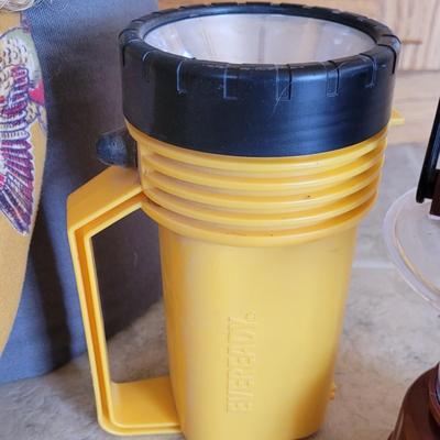 Vintage Sleeping Bag, Flashlight, and Lantern