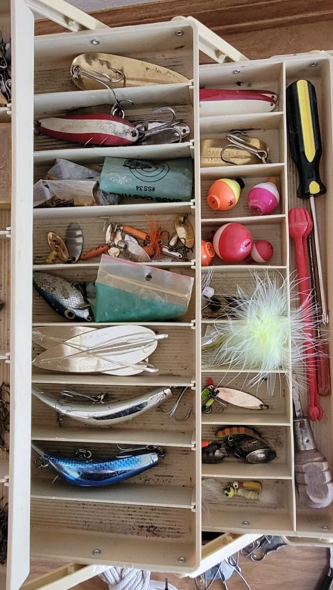 Tackle Box filled with Tackle, Line, Weights, and Much More