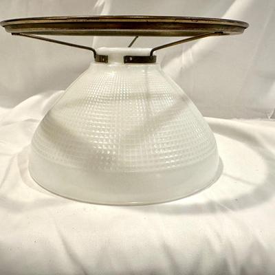 Antique Heavy Checkered Milk Glass Lamp Shade with Brass Mount