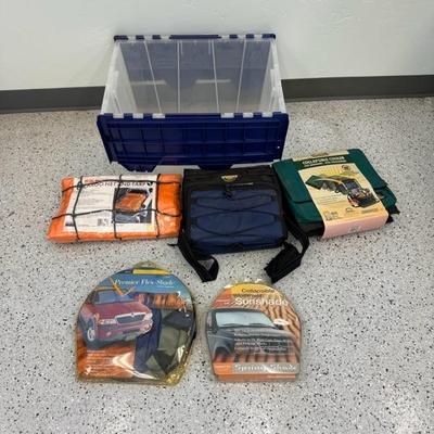 lot 1174 plastic containers with sunshades, cargo net and 2 coolers