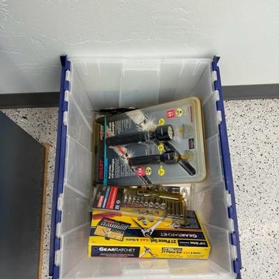 Lot 1212 tool accessories and flashlight with storage bins