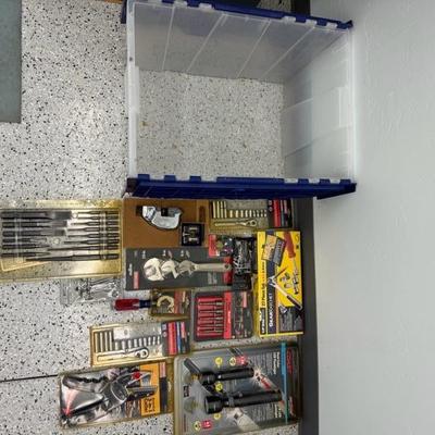 Lot 1212 tool accessories and flashlight with storage bins