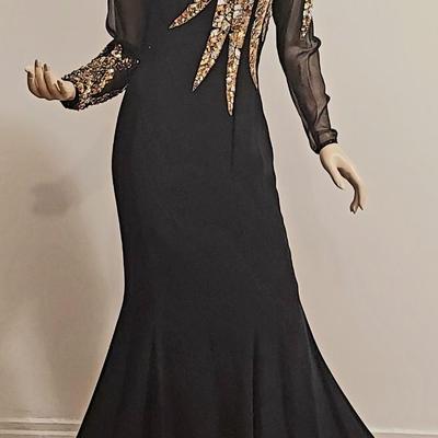 Vtg 80s Oleg Cassini Gold Sequins Embellished Crepe Maxi