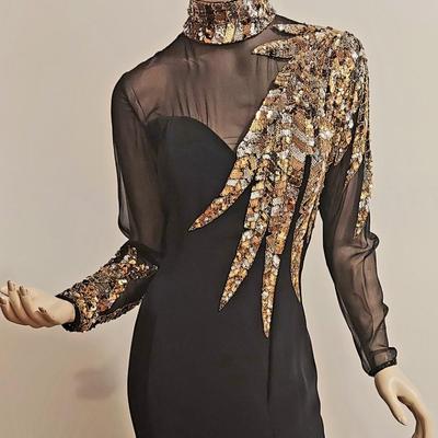 Vtg 80s Oleg Cassini Gold Sequins Embellished Crepe Maxi