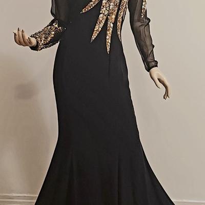 Vtg 80s Oleg Cassini Gold Sequins Embellished Crepe Maxi