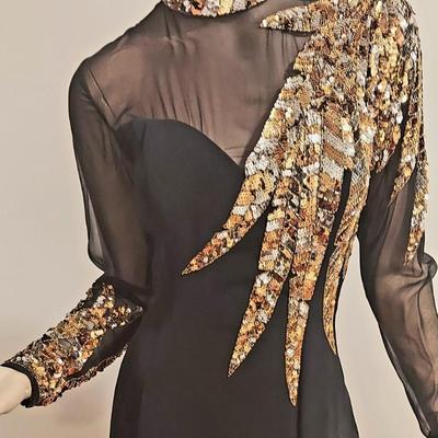 Vtg 80s Oleg Cassini Gold Sequins Embellished Crepe Maxi