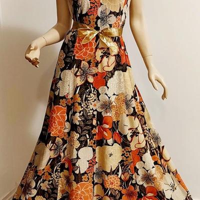 1970's Vtg Berkshire Floral Metallic Embellished Gown with Gold Metallic Sash Belt.