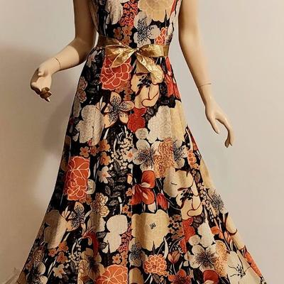 1970's Vtg Berkshire Floral Metallic Embellished Gown with Gold Metallic Sash Belt.