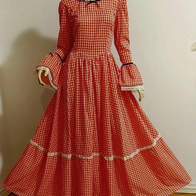 Vtg 1960s Red Gingham Prairie Maxi dress Lacs Satin Ribbons