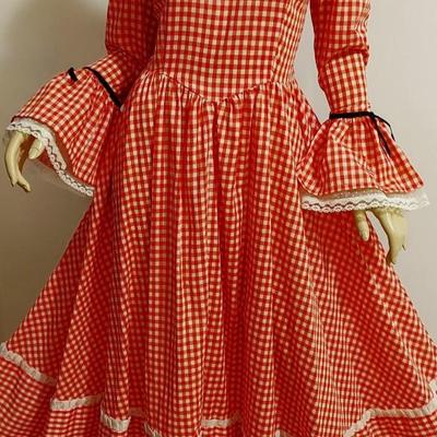 Vtg 1960s Red Gingham Prairie Maxi dress Lacs Satin Ribbons