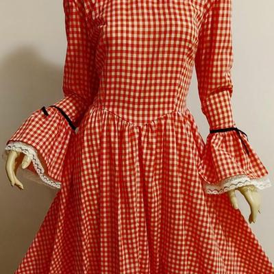 Vtg 1960s Red Gingham Prairie Maxi dress Lacs Satin Ribbons