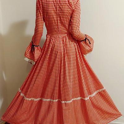 Vtg 1960s Red Gingham Prairie Maxi dress Lacs Satin Ribbons