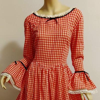 Vtg 1960s Red Gingham Prairie Maxi dress Lacs Satin Ribbons