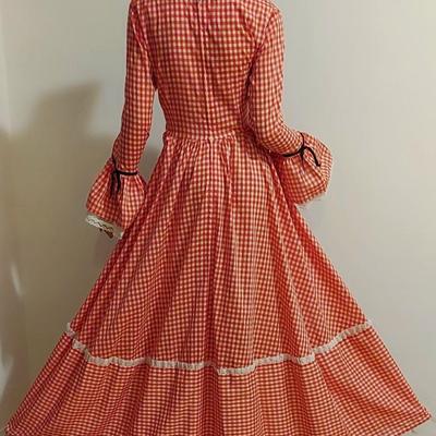 Vtg 1960s Red Gingham Prairie Maxi dress Lacs Satin Ribbons