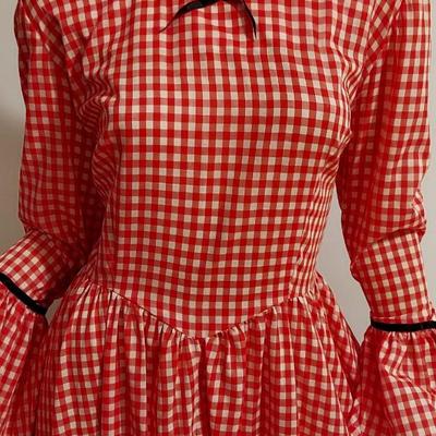 Vtg 1960s Red Gingham Prairie Maxi dress Lacs Satin Ribbons