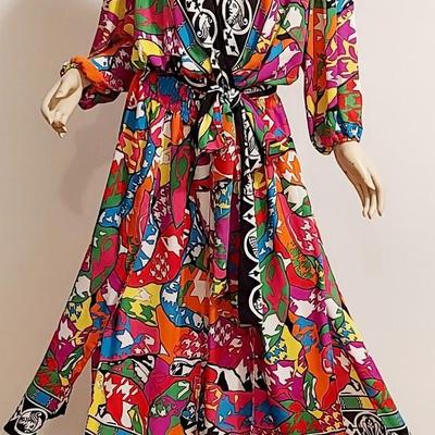 Vtg 80s Diane Freis Crepe Georgette Roman Vibes Maxi Psnel Dress/SashBeauty