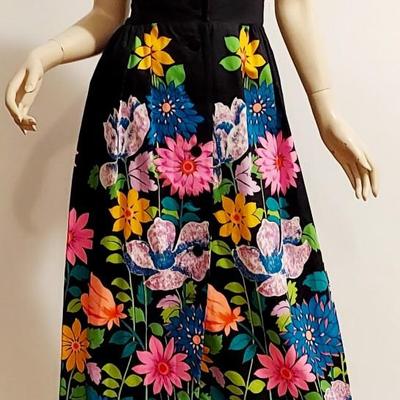 Vtg 1970s Alice of Calif Polynesian Fashion Maxi Sulk Screened dress