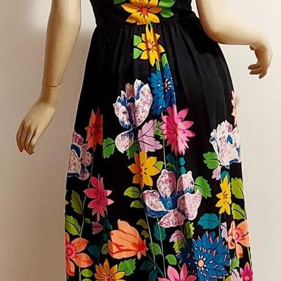 Vtg 1970s Alice of Calif Polynesian Fashion Maxi Sulk Screened dress