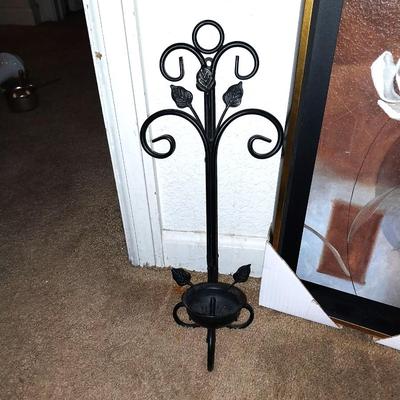 WROUGHT IRON WALL CANDLE HOLDER AND NICE FRAMED ART
