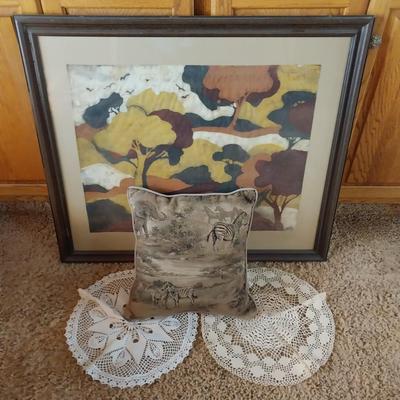 SIGNED BATIK PICTURE, ZEBRA THROW PILLOW AND 2 DOILIES