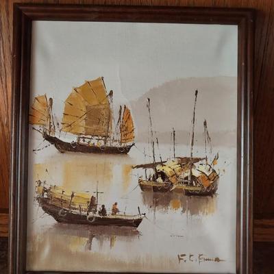 SIGNED OIL ON CANVAS FROM HONG KONG AND A WOOD INLAY FROM THAILAND