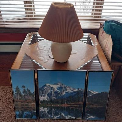 3 PIECE PANORAMIC MOUNTAIN SCENE AND A SMALL CLAY BASE LAMP