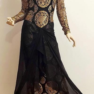 Vtg Couture Michael Casey 80s Chiffon/Gold Metallic maxi dress