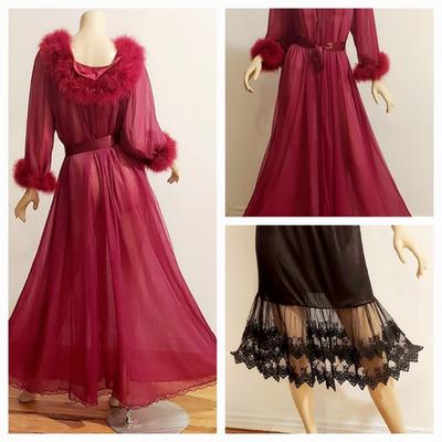 Vtg 2for1 Boudoir pc Hostess Gown/Marabou and lace half Slip