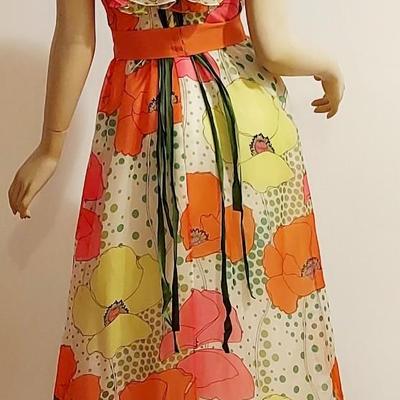Exquisite vtg 70s Florsl Chiffon Hostess Maxi dress w/Ruffles & Millinery Flowers