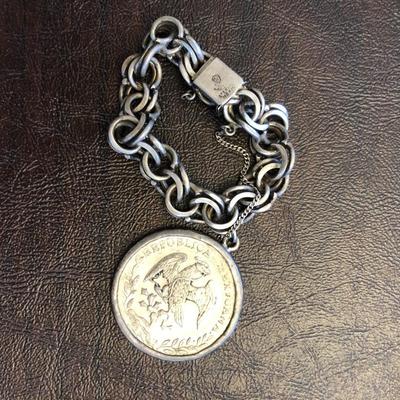 ANTIQUE 1886 8 REALES MEXICAN LIBERTAD STERLING SILVER BRACELET