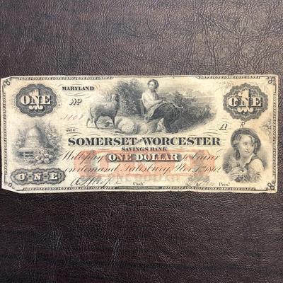 1862 SOMERSET AND WORCESTER SAVINGS BANK $1 BILL