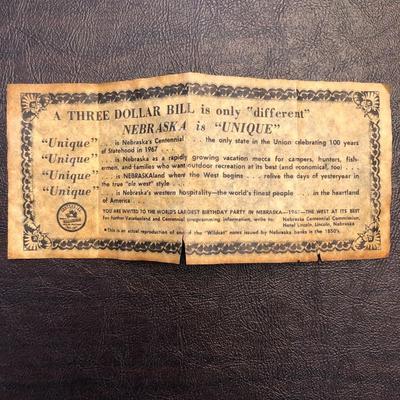 $3 BILL REPRODUCTION 1850'S WILDCAT NEBRASKA BANK NOTE