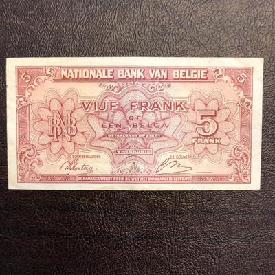 1943 WWII $5 FRANCS BANQUE NATIONALE DE BELGIQUE BANK NOTE