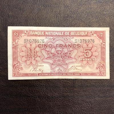 1943 WWII $5 FRANCS BANQUE NATIONALE DE BELGIQUE BANK NOTE