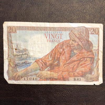 1943 WWII $20 FRANCS BANQUE DE FRANCE BANK NOTE
