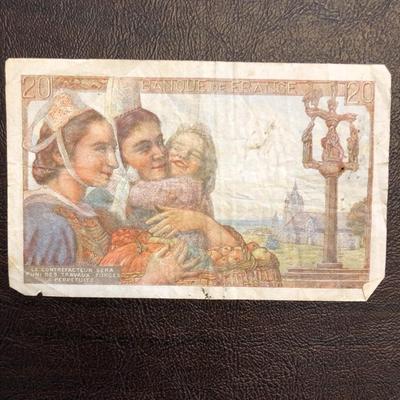 1943 WWII $20 FRANCS BANQUE DE FRANCE BANK NOTE