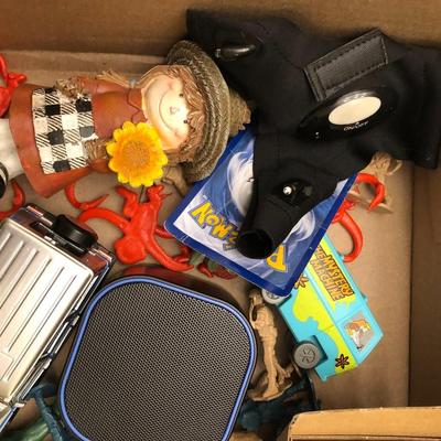 BOX OF SMALL TOYS AND WORKING MOTOROLA 2-WAY RADIOS