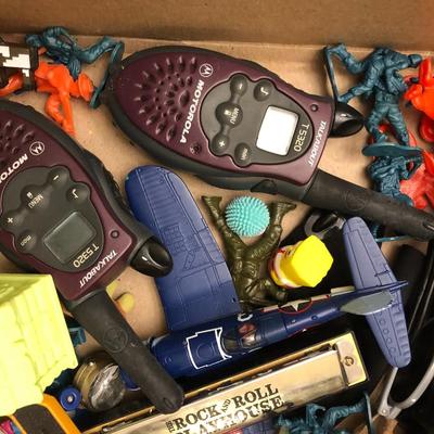 BOX OF SMALL TOYS AND WORKING MOTOROLA 2-WAY RADIOS