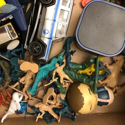BOX OF SMALL TOYS AND WORKING MOTOROLA 2-WAY RADIOS