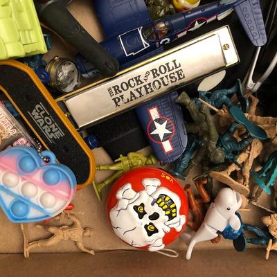 BOX OF SMALL TOYS AND WORKING MOTOROLA 2-WAY RADIOS