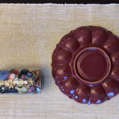 FRANKOMA POTTERY EGGPLATE AND JAR OF BUTTONS