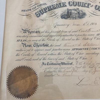 ANTIQUE SUPREME COURT OF OHIO DECLARATION IN FRAME