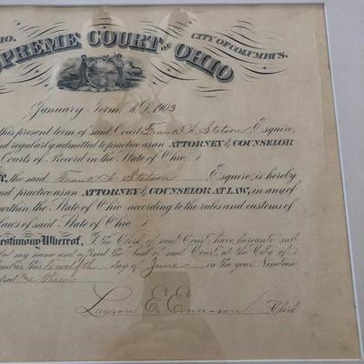 ANTIQUE SUPREME COURT OF OHIO DECLARATION IN FRAME