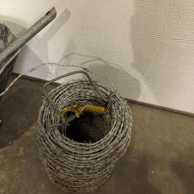 ASH BIN & SHOVEL, ROLL OF BARBED WIRE