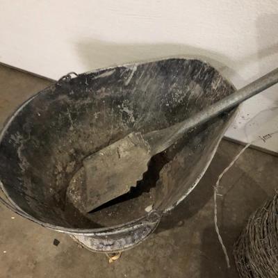 ASH BIN & SHOVEL, ROLL OF BARBED WIRE